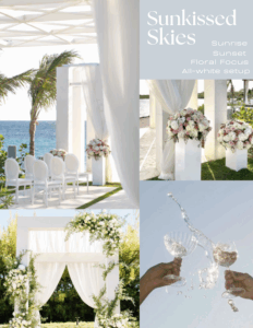 Sun-kissed Skies Destination Wedding Theme Moon Board Sunrise Sunset Floral Focus All White Set Up