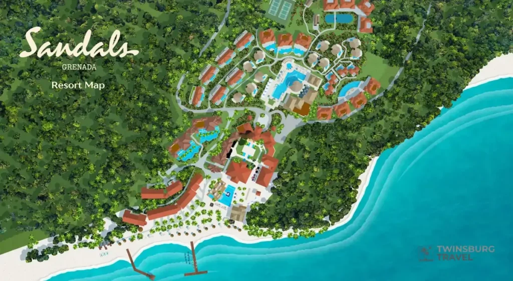 Sandals La Source Grenada resort map showing accommodations, pools and beachfront