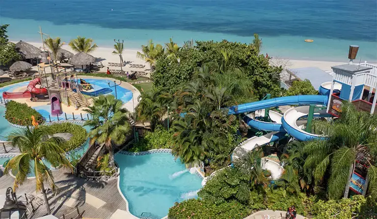 Aerial view of the lazy river pool area at Beaches Negril