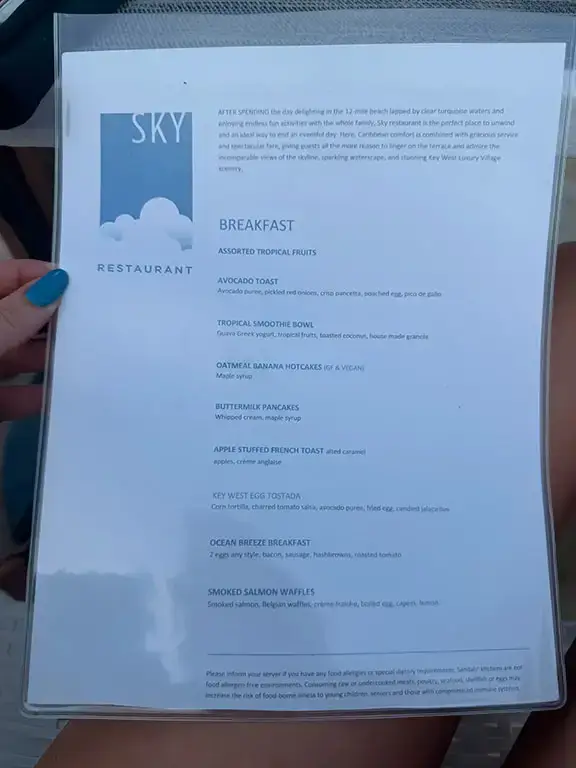 Breakfast menu at Sky restaurant, Beaches Turks & Caicos