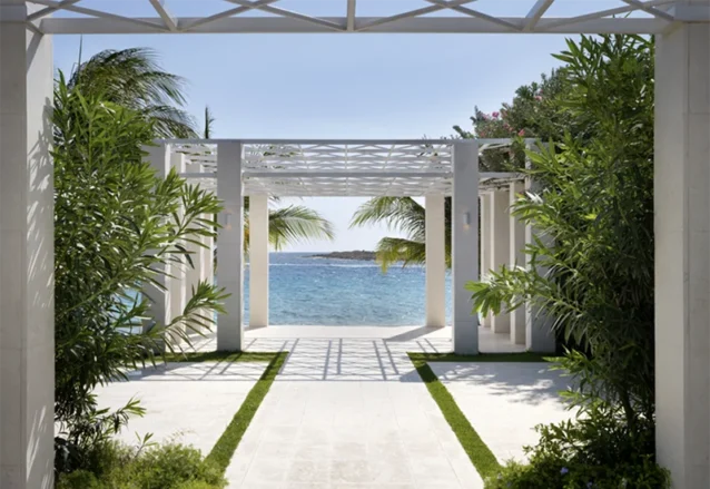sandals-destination-weddings-oceanfront-pergola-aisle Oceanfront wedding pergola with garden aisle at a Sandals resort