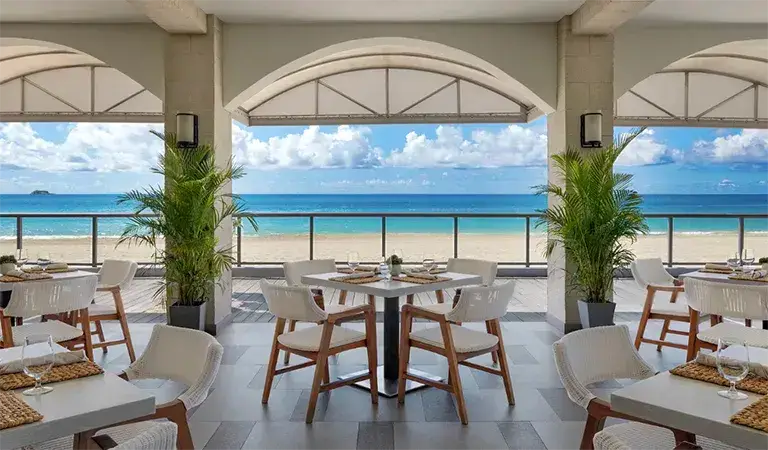Oceanview restaurant terrace seating at Sandals Grande Antigua