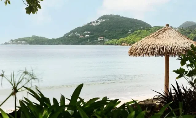 Thatched umbrella beach view at Sandals Halcyon Beach with hillside backdrop