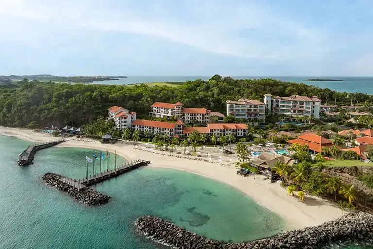 Aerial drone view of Sandals La Source Grenada beachfront resort