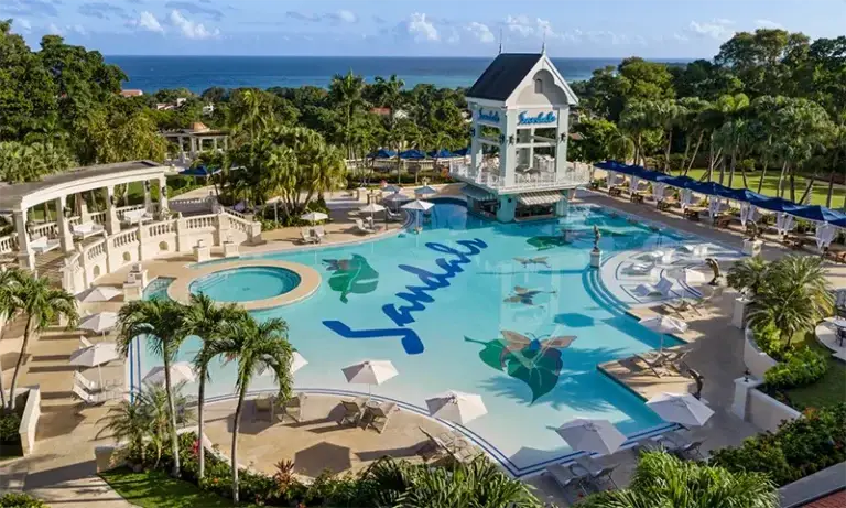 Aerial view of the butterfly-shaped pool at Sandals Ochi Beach Resort, Jamaica