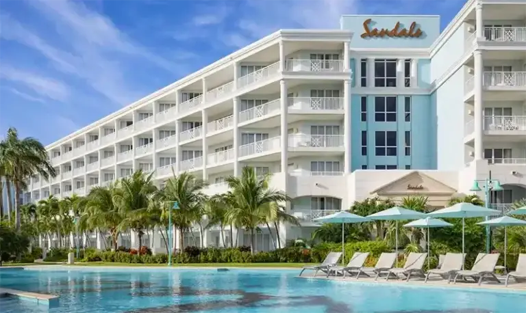 Main hotel building and pool at Sandals Royal Bahamian, Nassau