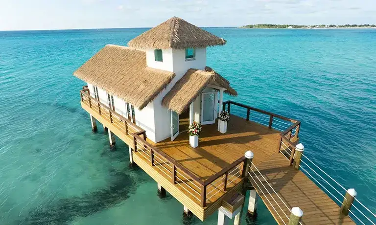 Aerial view of the overwater wedding chapel at Sandals Royal Bahamian