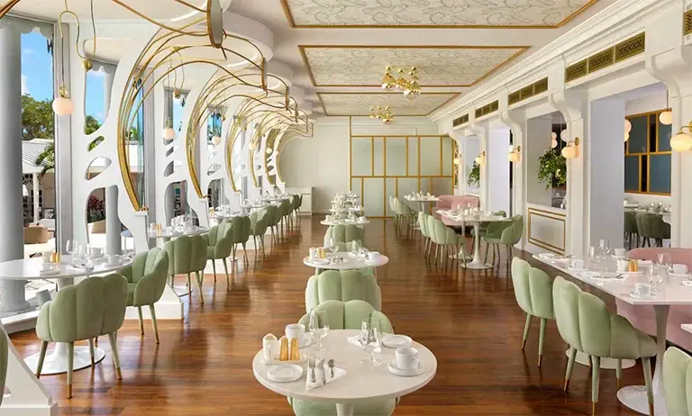 Elegant restaurant dining room interior at Sandals Royal Bahamian