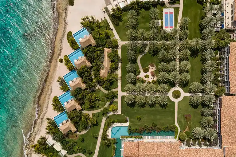 Aerial view of seaside bungalows at Sandals Royal Curacao
