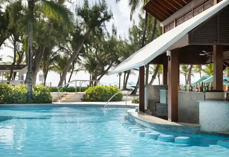 Swim-up pool bar with thatched roof surrounded by palm trees at Sandals Barbados