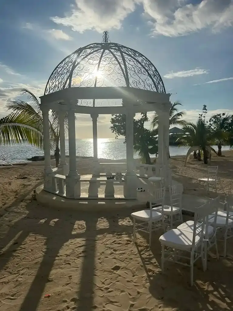 Beach wedding gazebo setup at Sandals South Coast
