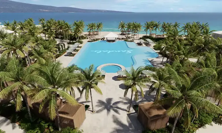 Aerial view of the pool and beach at Sandals South Coast
