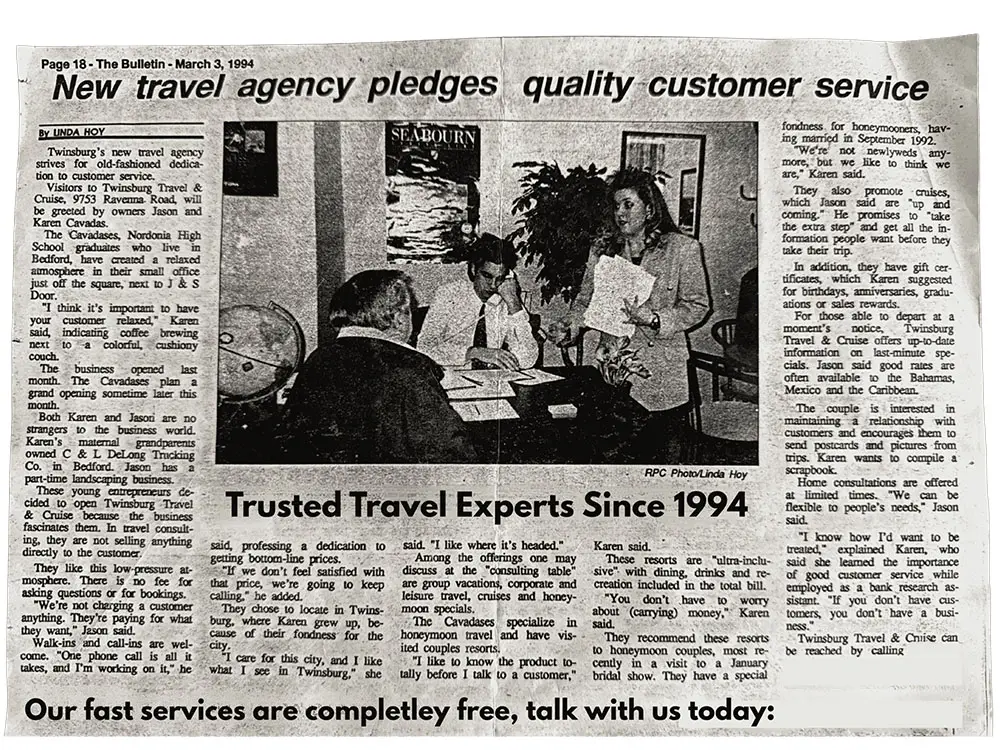 1994 newspaper feature on Twinsburg Travel and Cruise announcing the new travel agency