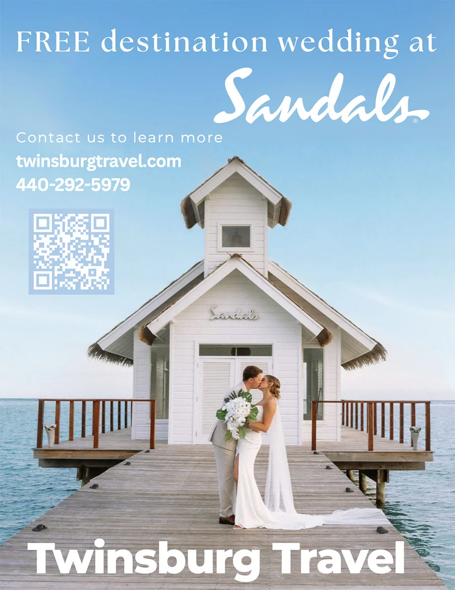 Twinsburg Travel flyer advertising a free destination wedding at Sandals with QR code